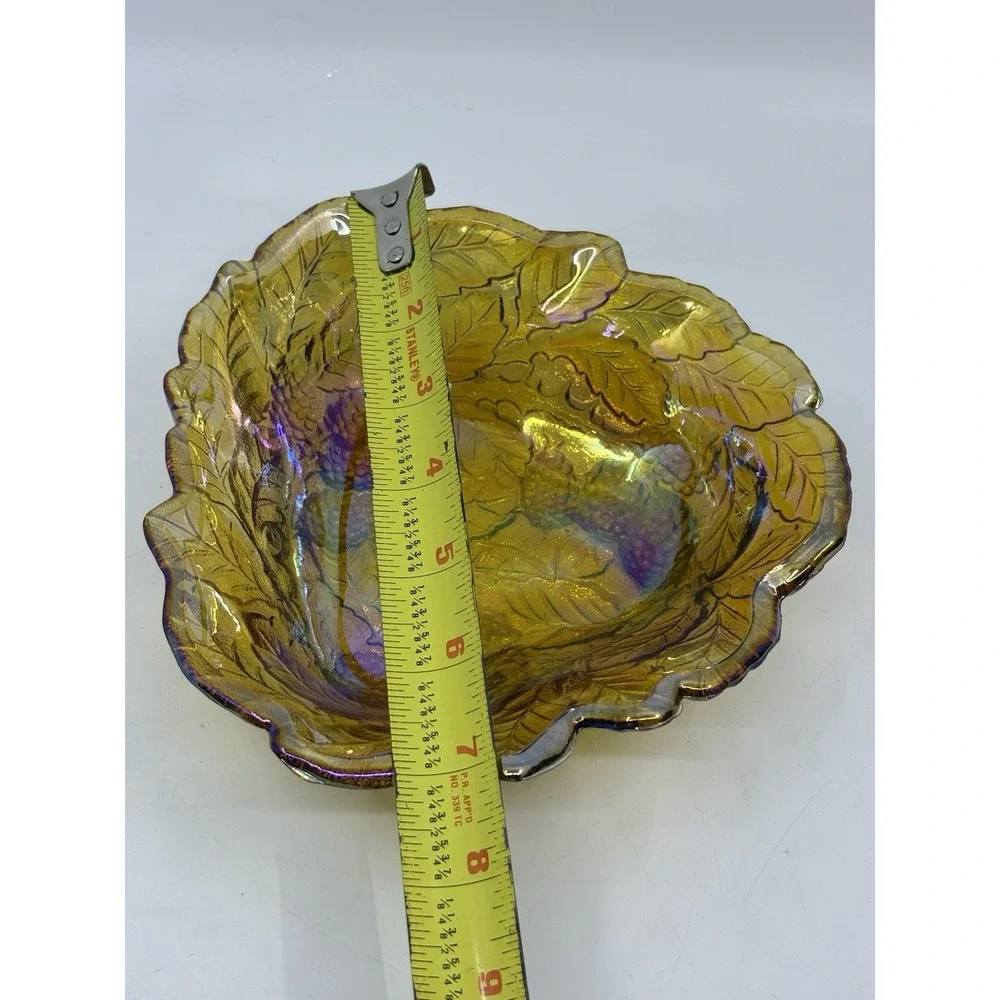 Antique Imperial Marigold Carnival Grape Leaf Shape Glass Scalloped Bowl Dish 7